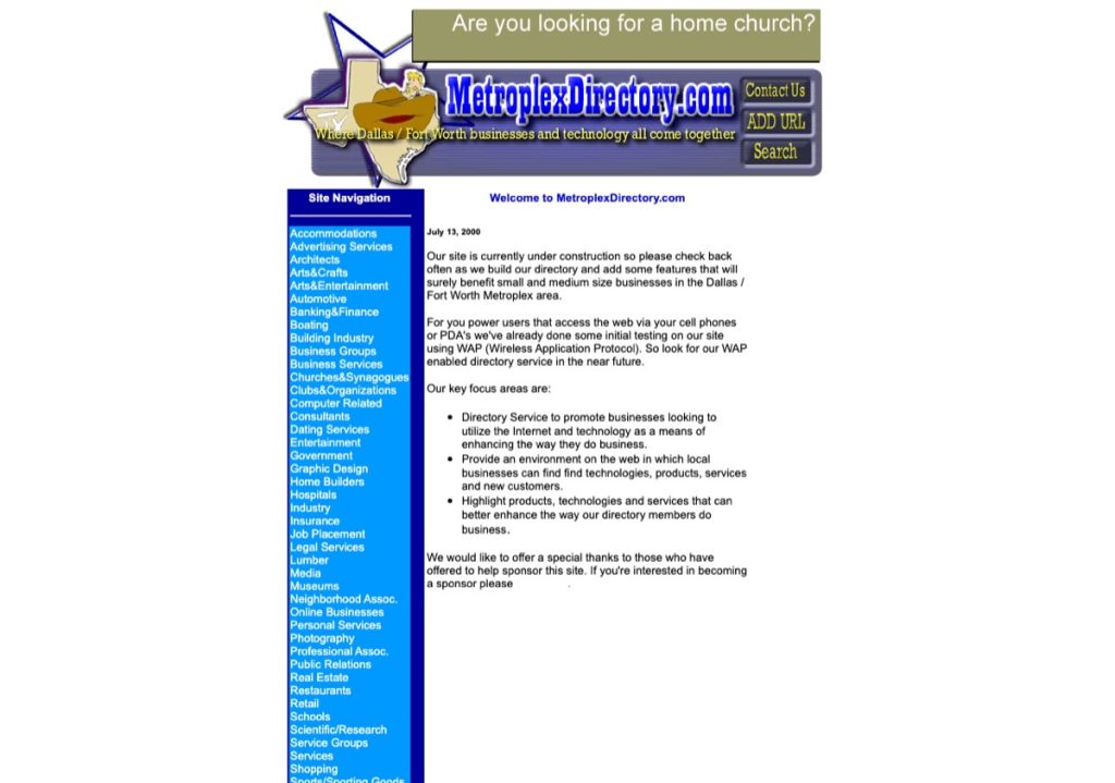 MetroplexDirectory.com homepage in 2000