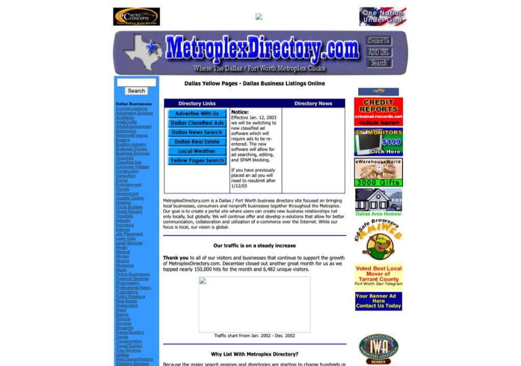 MetroplexDirectory.com homepage in 2003, the yellow pages era