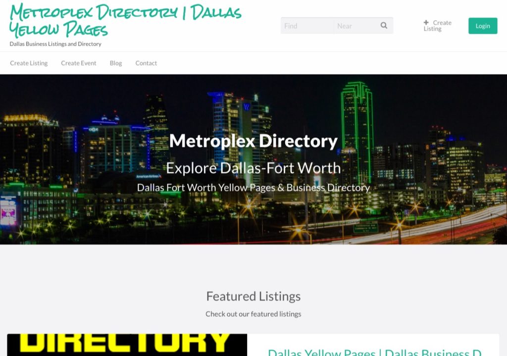 MetroplexDirectory.com homepage in 2020 with the Dallas skyline